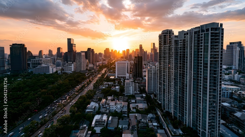 Fototapeta premium A dramatic aerial view of a modern cityscape bathed in the warm glow of the golden hour