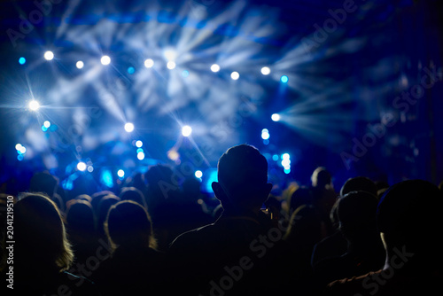 Live music concert with stage lights and audience silhouettes