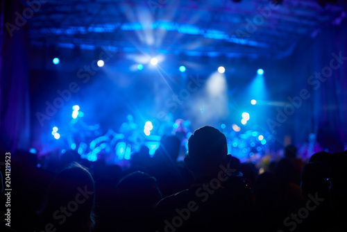 Live music concert with stage lights and audience silhouettes