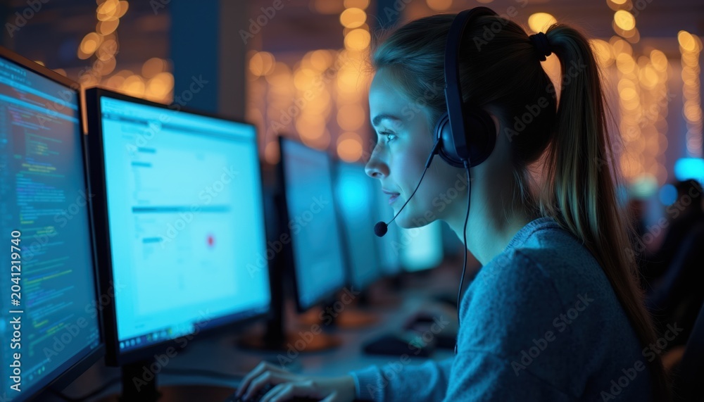 Fototapeta premium Young woman wearing headset works on computer. Girl types on keyboard, looks at screen with code. Office with bokeh lights, IT job, programmer, coding.