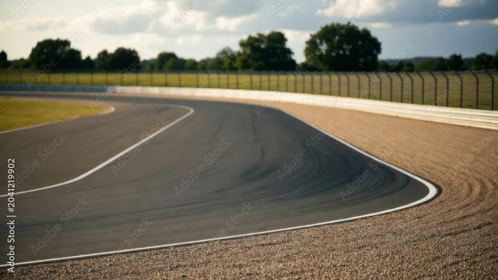 Fototapeta premium Empty racing track curving through fenced outdoor circuit