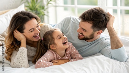 Happy Family Laughing Together on Bed at Home