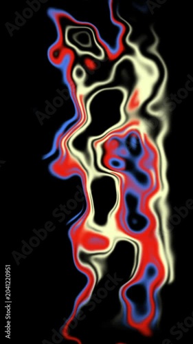 Liquid blending of red blue and yellow paint on black background. Abstract artistic fluid motion in cosmic style. Colorful swirling ink trail for motion design