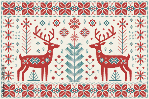 Nordic winter pattern with red reindeer and snowflakes in cross-stitch style. Traditional Scandinavian Christmas background for holiday decor.