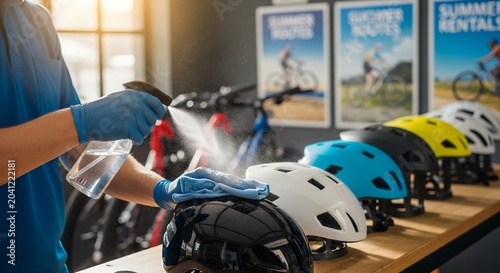 Employee sanitizing bicycle helmets in rental shop for summer tourism safety
