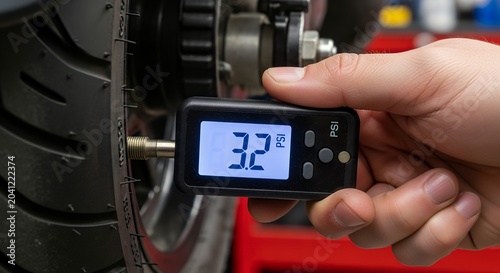 Checking tire pressure on scooter with digital gauge during maintenance inspection