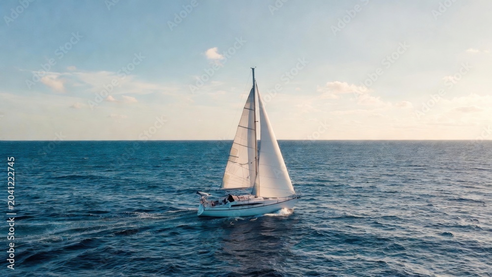 Fototapeta premium Sailing yacht moving on calm sea under clear sky horizon