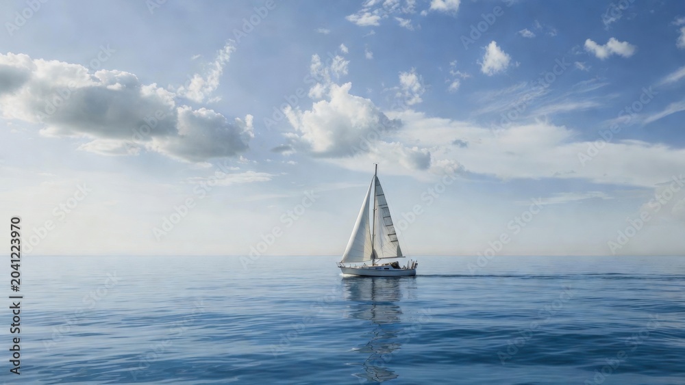 Fototapeta premium Sailboat gliding on reflective ocean under clear midday sky