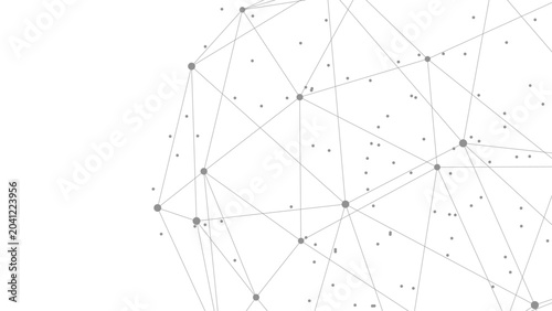 Black and white plexus background with connected circles and straight lines, minimal geometric network illustration for modern technology and innovation themes.