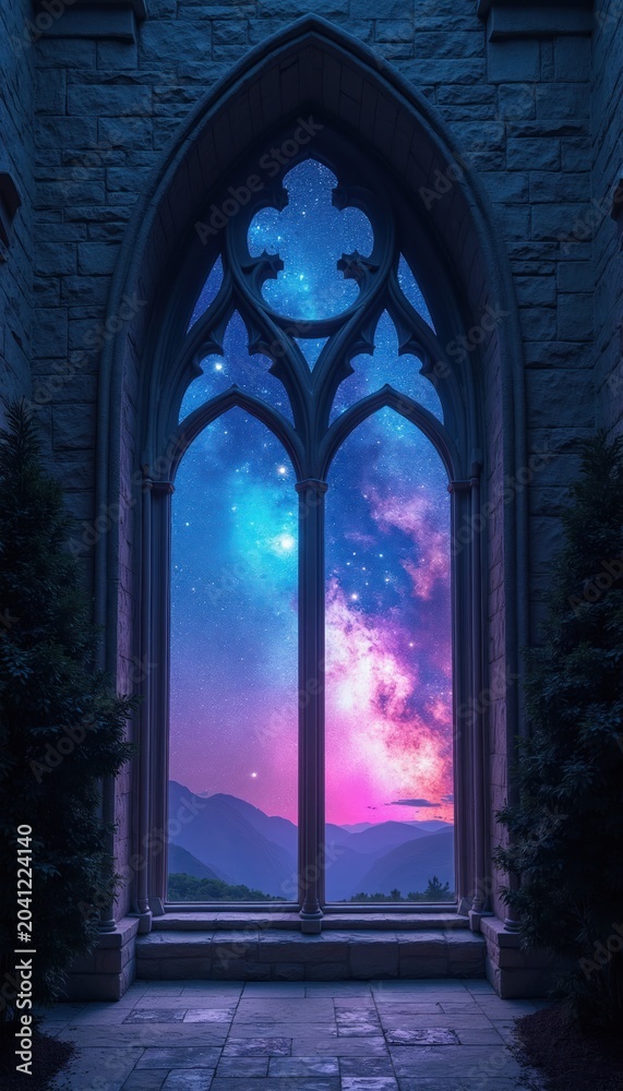 Obraz premium Gothic window frames a vibrant starry night sky with colorful nebulae. Distant mountains form a silhouette beneath the celestial display. Stone architecture and evergreen trees flank the view.