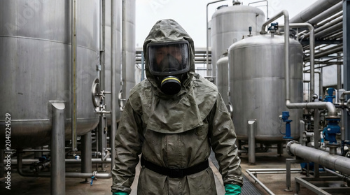 Worker wearing a protective hazmat suit and respirator standing inside an industrial processing facility, highlighting safety, hazardous materials, and workplace protection.