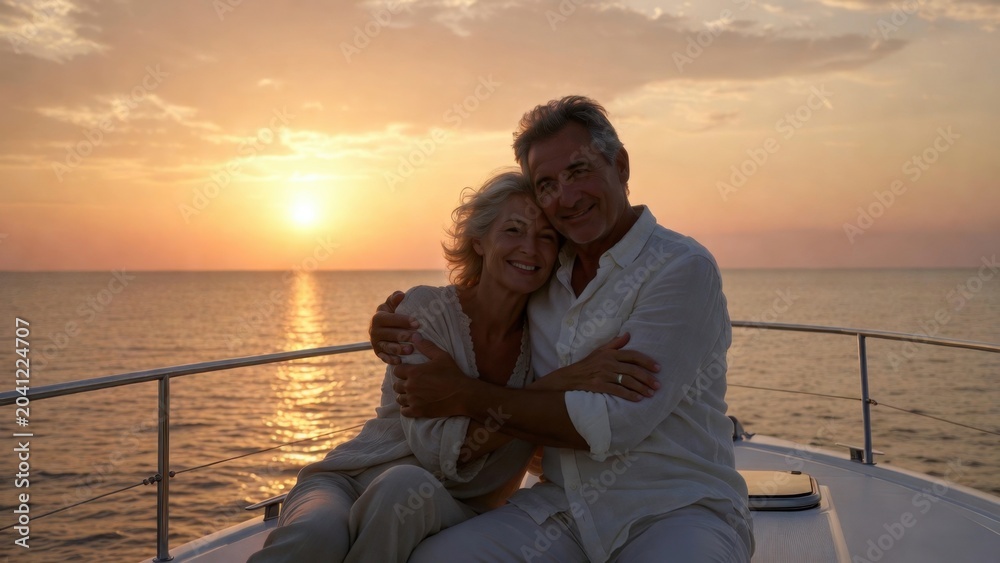 Fototapeta premium Older couple embracing on boat deck at sunset over open sea