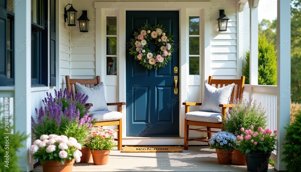 Fototapeta premium Inviting blue front door with floral wreath and potted plants. Two chairs sit on porch. Home exterior has white siding and lanterns. Peaceful residential facade.