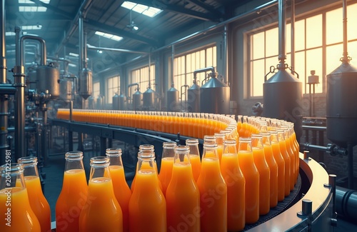 Bottles filled with orange juice move on conveyor belt in factory. Automated production line fills glass containers with beverage. Industrial plant processes liquid food in manufacturing facility.