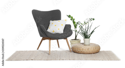 Photos Grey armchair with cushion, rug and houseplants isolated on white