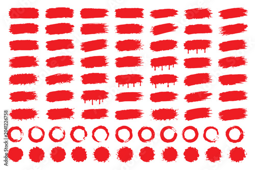 Red highlighter brush stroke lines set for underline banners, dry paint marker stripes, rough grunge ink smears and bold hand drawn highlight elements. Vector illustration. Set of red paint brush 