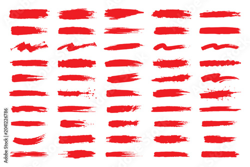Fotografie Red highlighter brush stroke lines set for underline banners, dry paint marker stripes, rough grunge ink smears and bold hand drawn highlight elements
