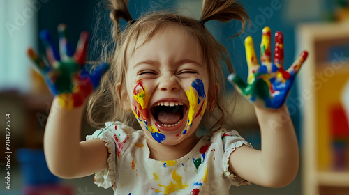 Young Child Exploring Creativity Through Colorful Finger Painting Activity
