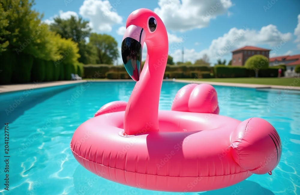 Obraz premium Pink flamingo inflatable float bobs in clear blue swimming pool water under sunny sky. Lush green hedge and manicured lawn surround pool. A large house and trees are visible in background.