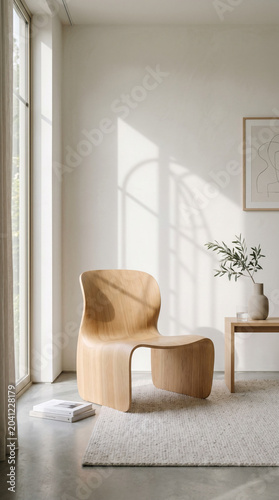 living room interior, A beautiful, modern minimalist room corner featuring a curved, sculptural chair made of light oak wood. A soft shadow of a window frame falls across the wall. Airy, bright, high-
