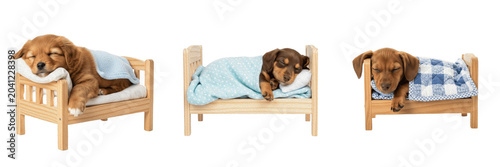 Canvastavla Set of a cute puppy sleeping in a small wooden bed, perfect for pet care brandin