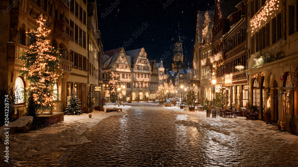 Naklejka premium Magical Christmas Market at Night: A charming European street adorned with festive Christmas lights and a beautifully decorated tree transforms into a magical wonderland under the starry night sky.