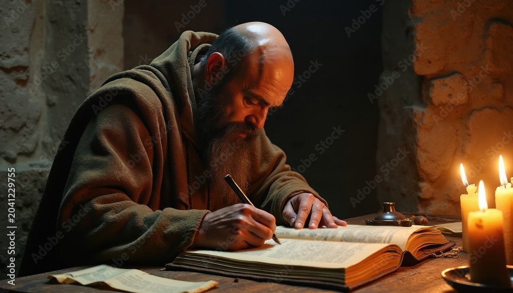 Obraz premium Bald monk with beard writes with pen in old book. Medieval man in brown robe studies ancient text by candlelight. Cleric works in dark stone room.