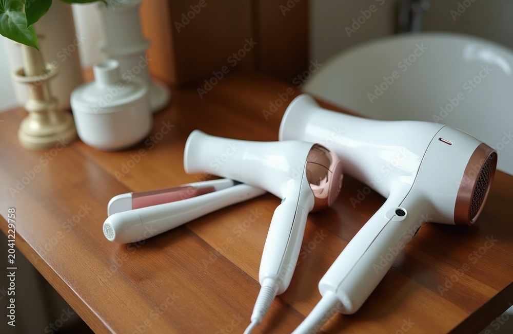 Obraz premium White hairdryer and hair straightener tools rest on wooden vanity. Bathroom interior setting includes sink and decor. Pro beauty appliances for hair styling at home.