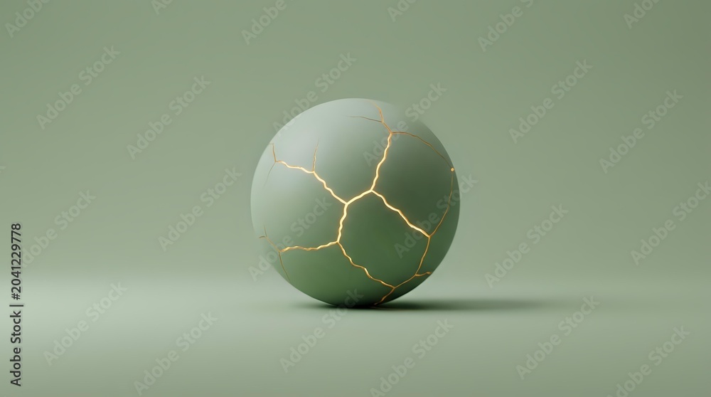 Fototapeta premium Cracked sage green sphere with golden fracture lines on neutral background, isolated for design, packaging, and creative projects.