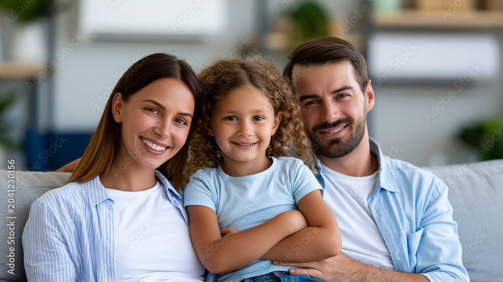 Obraz premium Close-up of a happy family enjoying comfortable temperature in a room with an air conditioner, home comfort concept, family AC photography, indoor cooling lifestyle, defocused