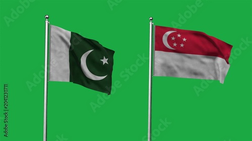 Pakistan and Singapore Waving Flags, 3D Illustration