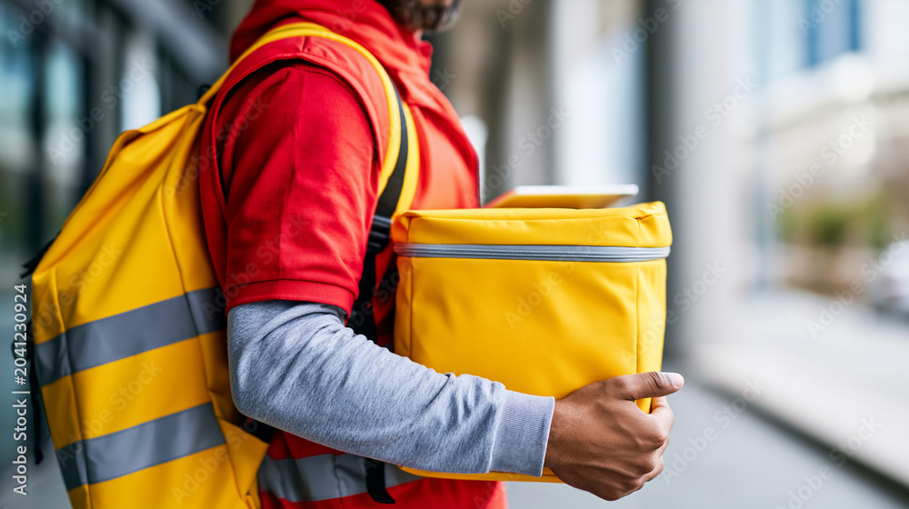 Obraz premium Close-up of a delivery man in a red vest uniform holding a yellow thermal food bag backpack, courier service concept, food bag photography, delivery worker lifestyle, defocused