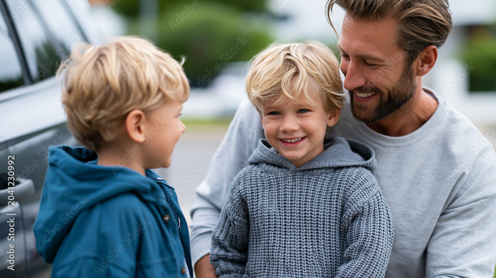 Naklejka premium Close-up of a father meeting his little boys near his car outdoors, family reunion concept, father and sons photography, happy fatherhood visualization, defocused background, with