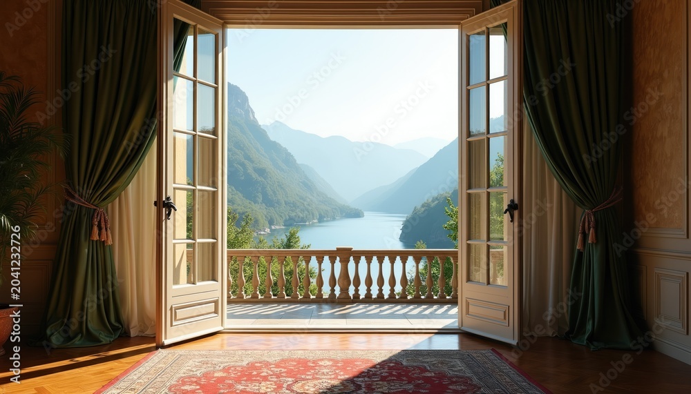 Naklejka premium View from interior opens to expansive lake, rich green mountains under clear blue sky. Balcony with wooden railing overlooks serene water. Sunlight streams on ornate rug.