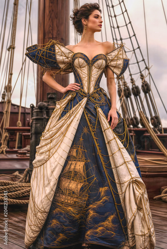 model woman wearing haute couture dress inspired by historical tall sailing ships