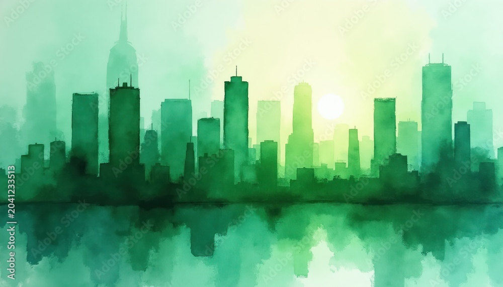 Fototapeta premium Green city skyline with skyscrapers reflected in water. Watercolor art shows urban landscape with sun and misty sky. Modern abstract eco city view.
