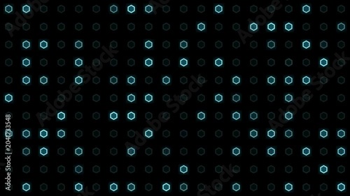Abstract digital hexagon grid background. Neon blue glowing hexagonal shape patterns blinking on black. Cyberpunk futuristic tech texture. Cyber security data flow network motion graphic loop
