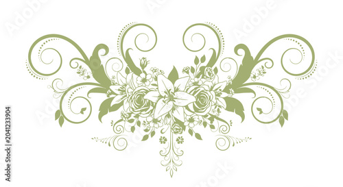 Elegant green floral flourish with lilies, roses, and intricate swirling scrollwork on a white background, perfect for decorative design elements.