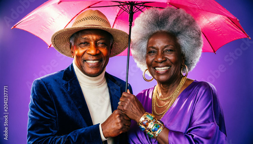 An elderly African American couple sharing a single umbrella and smiling together against a purple background