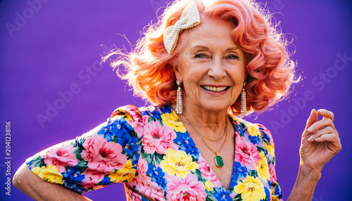 An old woman wearing a flowered house dress posing happily against a purple background