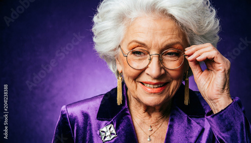 An elderly woman adjusting her spectacles while smiling at the camera
