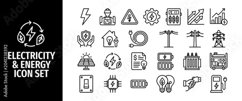 Foto Electricity and energy icon set linear vector icons of power, green energy, sola