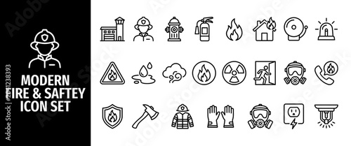 Vászonkép Modern fire and safety icon set linear vector icons of firefighter, extinguisher