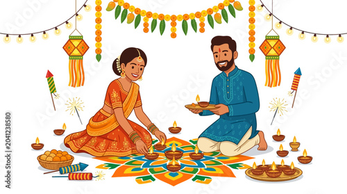 Bild auf Leinwand Diwali celebration with couple in festive clothing, traditional lamps, colorful rangoli, and decorations