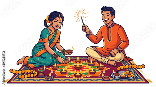 Photos Diwali celebration image with happy couple in traditional clothing, flower garland, glowing earthen lamps, and bright sparkler