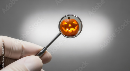 Dental mirror reflects a carved pumpkin smirk in the background held by hand in glove, Halloween dentist checkup and creative stomatology seasonal marketing