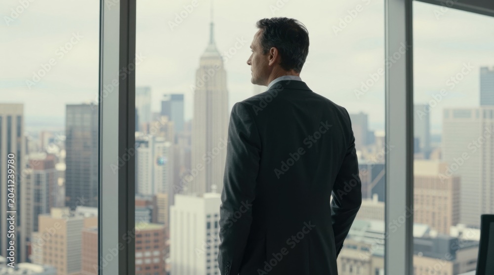 Fototapeta premium Businessman standing looking out office window at city skyline