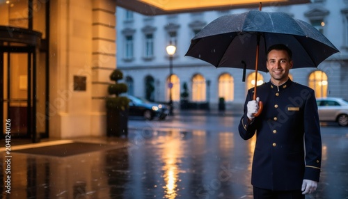 Friendly hotel concierge holding an umbrella outside a luxury lobby entrance during a rainy day for premium hospitality service concept