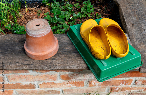 yellow Garden Clogs and Flower Pot on Raised Bed