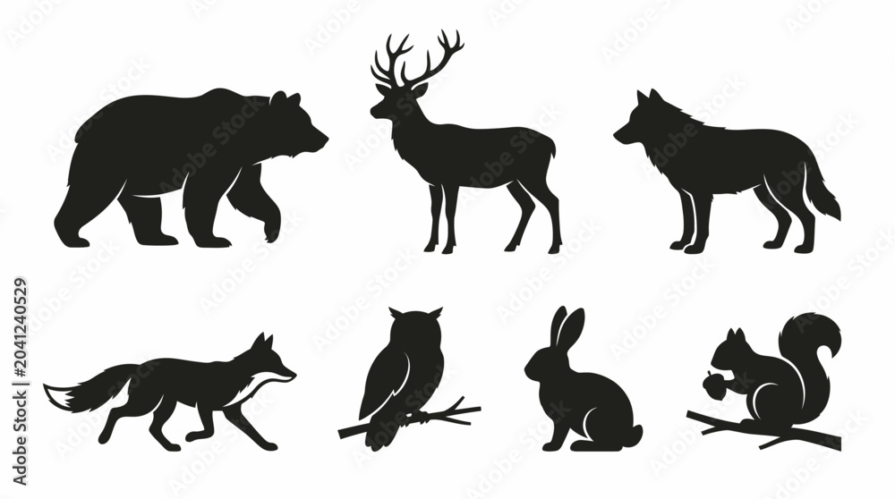 Obraz premium Minimalist graphic illustration set featuring diverse wild animal silhouettes including bear, deer, wolf, fox, owl, rabbit, and squirrel, ideal for nature and wildlife design